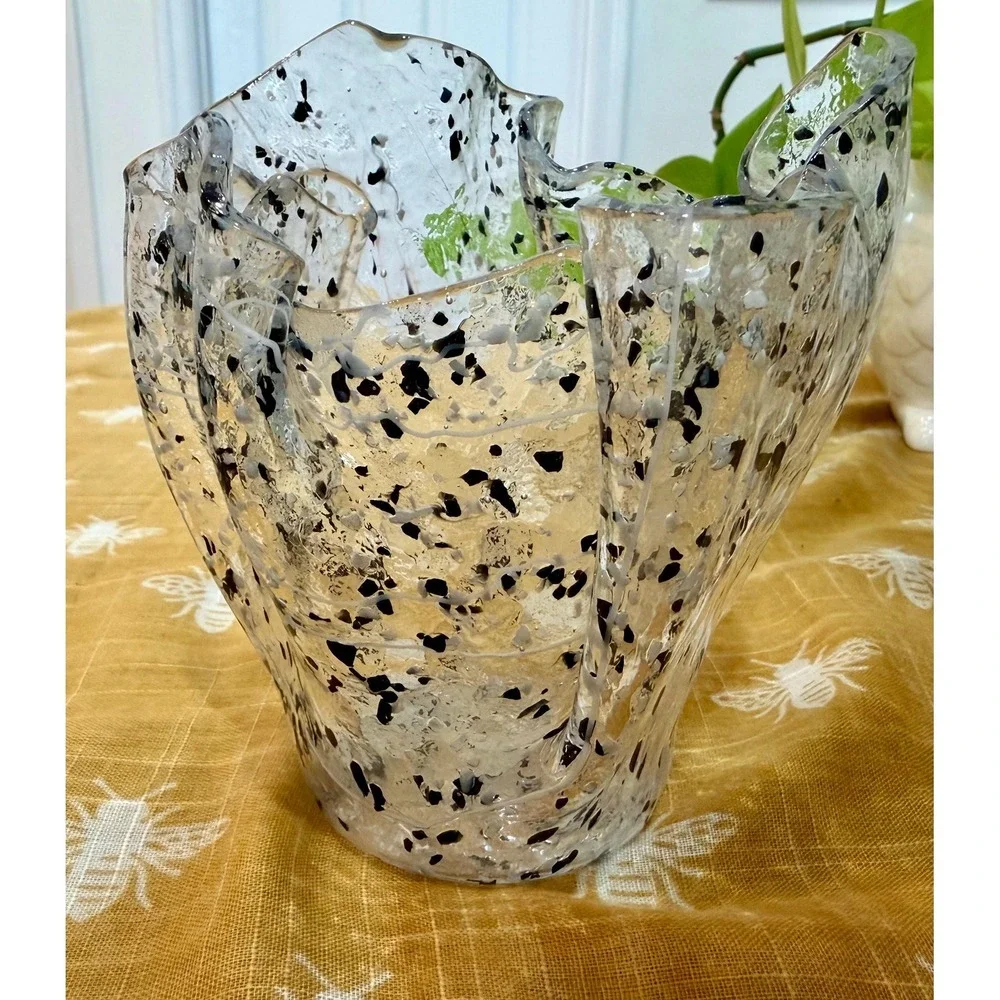 Jozefina Krosno Handkerchief Vase‎ – Black White Confetti Splatter Art Glass